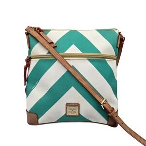 Dooney Bourke Chevron Crossbody Bag Teal White Leather Trim Adjustable‎ Strap